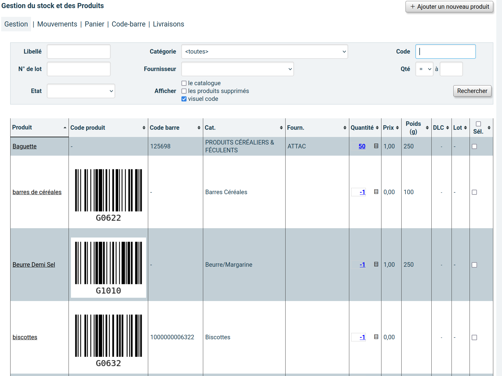 Résultat d’une recherche stock/produit avec affichage du visuel de code produit