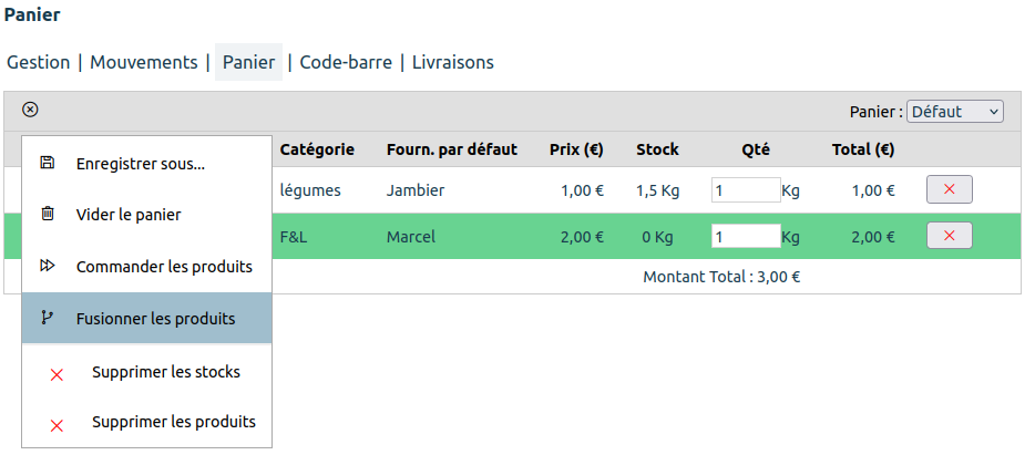 Menu pour fusionner les produits
