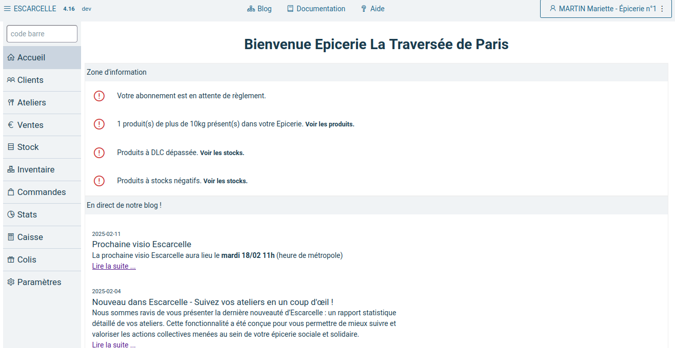 écran d'accueil une fois connecté
