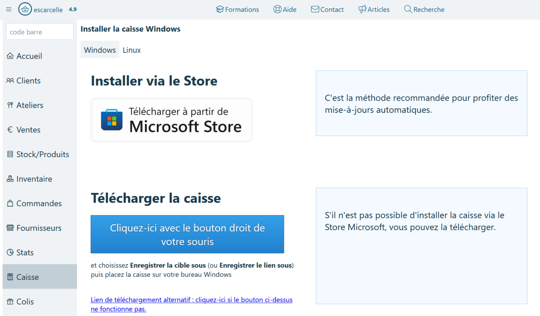site web escarcelle.net sur la page "Caisse"