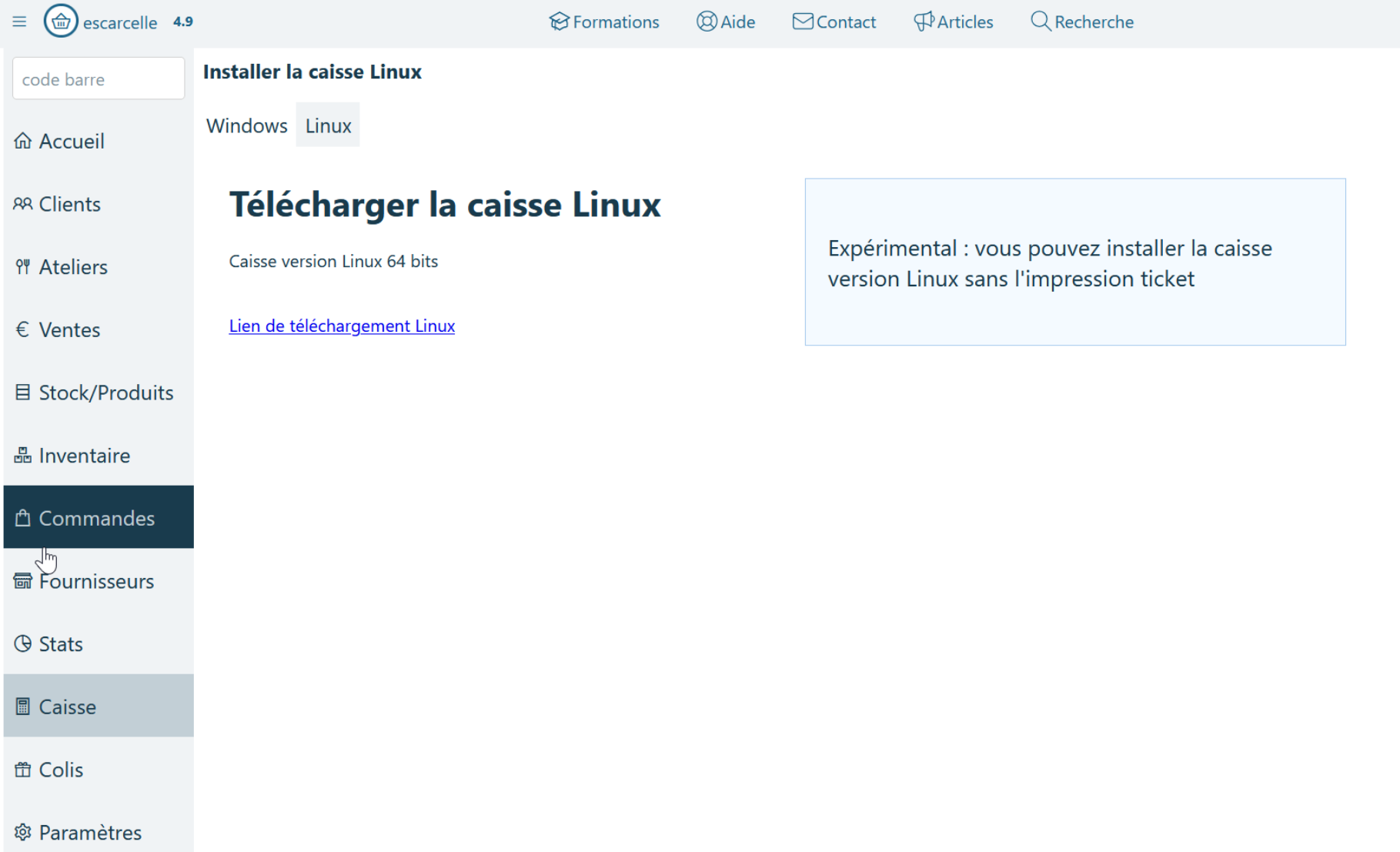 site web escarcelle.net sur la page "Caisse" onglet "Linux"