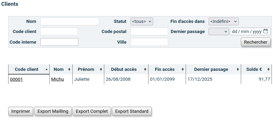 tableau de résultat de recherche client