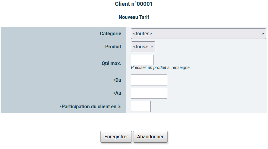 saisie d'un nouveau tarif client