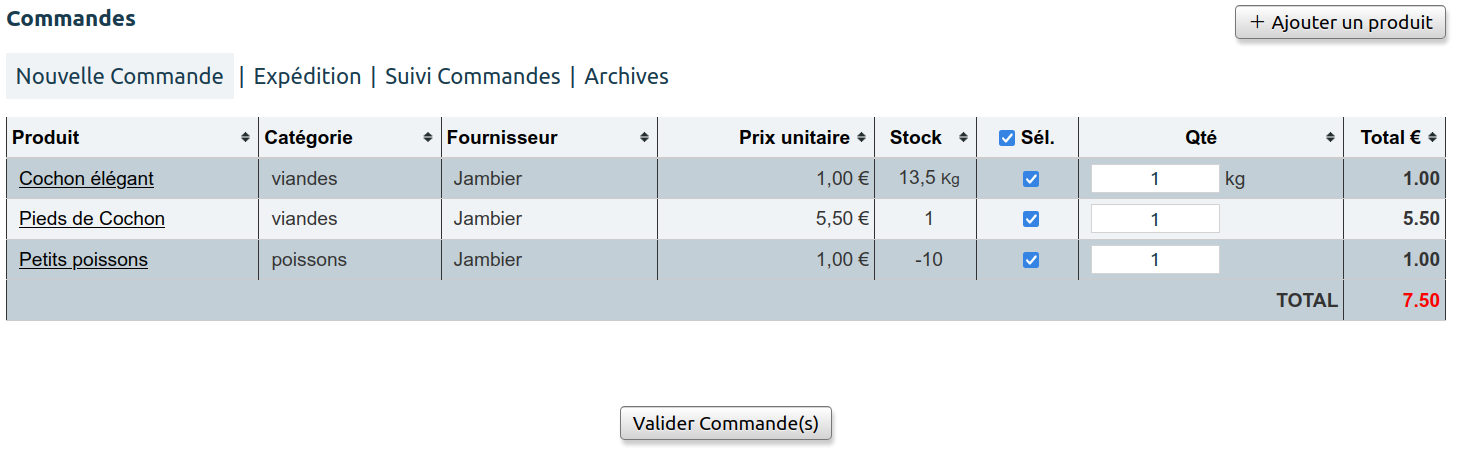 Commandes quantité