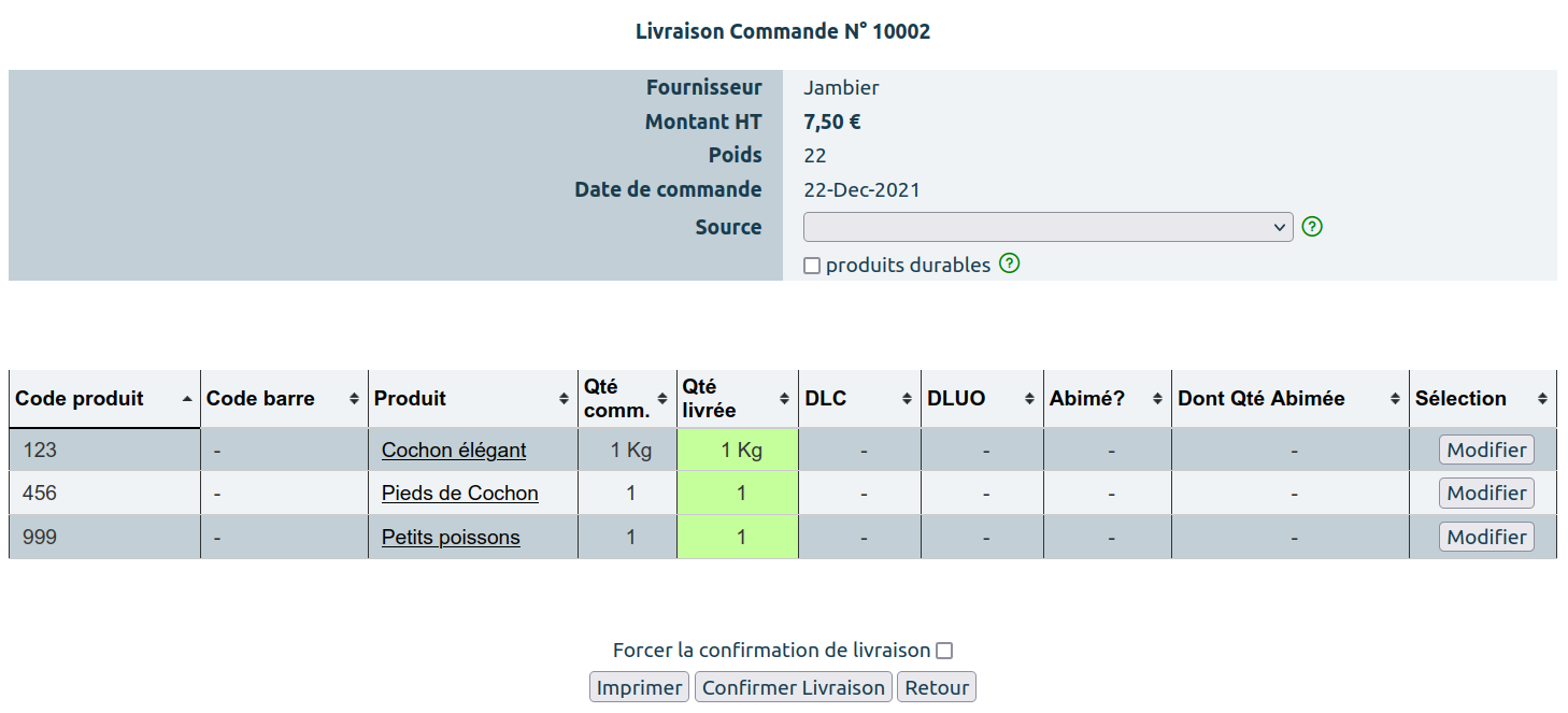 Réception commandes