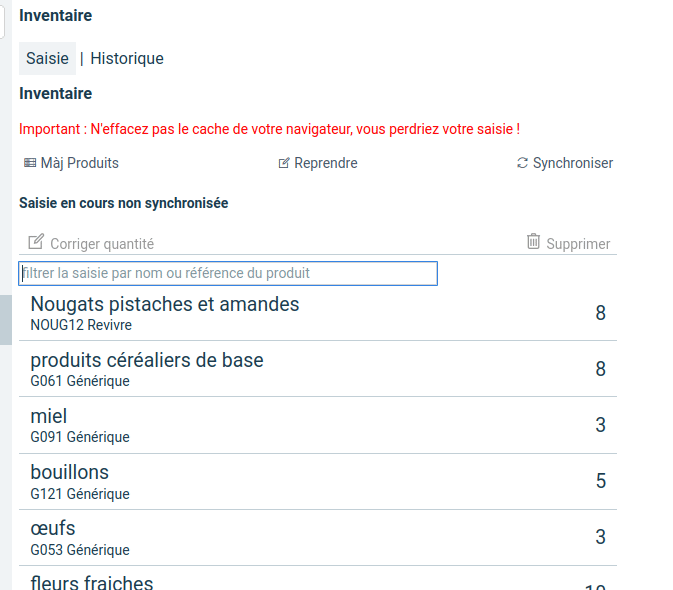 animation filtre saisie inventaire