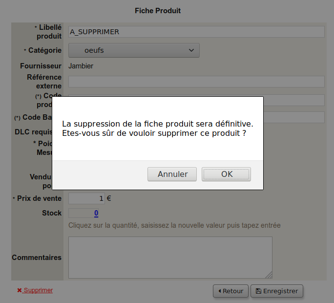 Confirmation suppression du produit