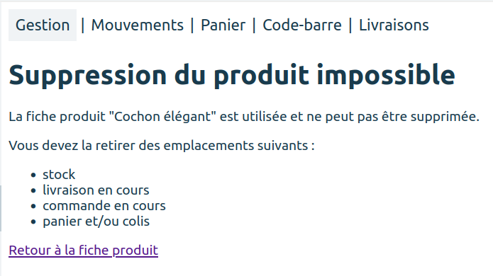 Impossible de supprimer produit