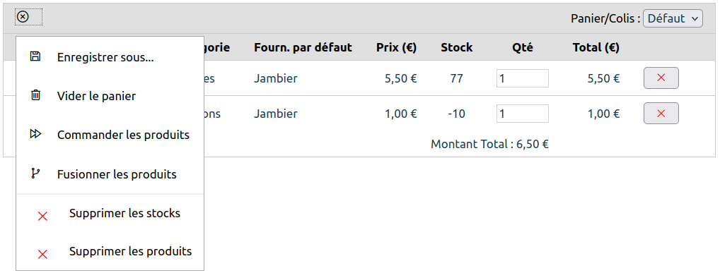 Menu actions panier