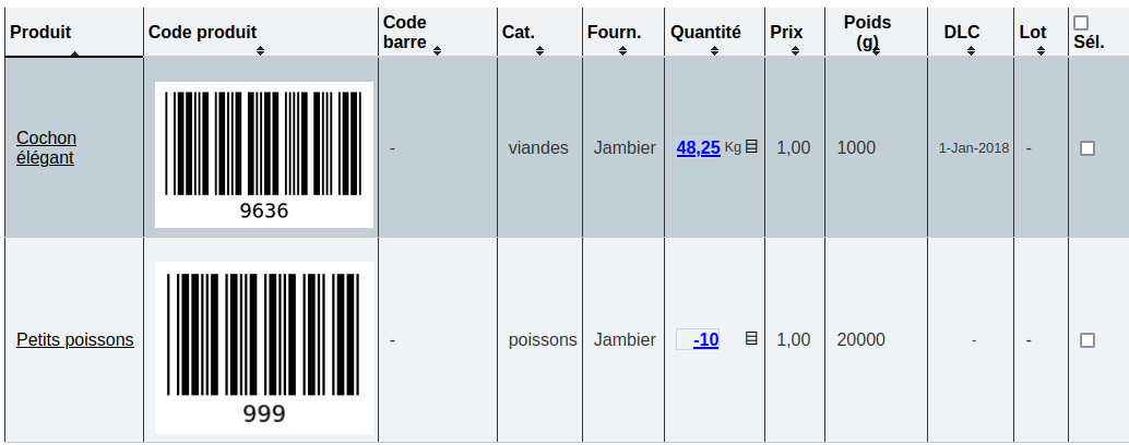 Résultat d’une recherche stock/produit avec affichage du visuel de code produit